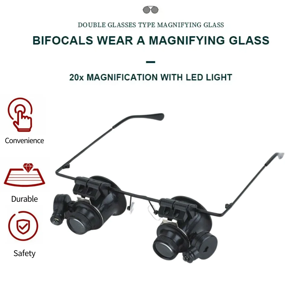 20X Head-mount Magnifier Glasses Double Headed LED Light Jewelry Appraisal Antique High-power Magnifying Glass