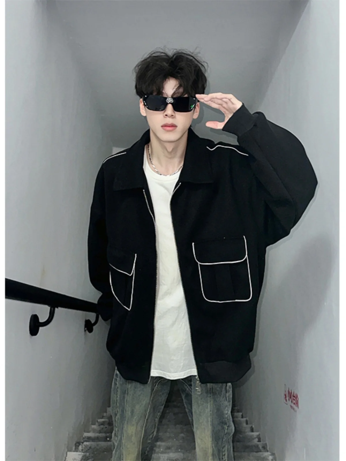 

Men's ort Woolen Jaet Bla White Stitching Autumn Winter Faionable Innerwear Cleanfit Tweed Coat Loose Fit Youthf...