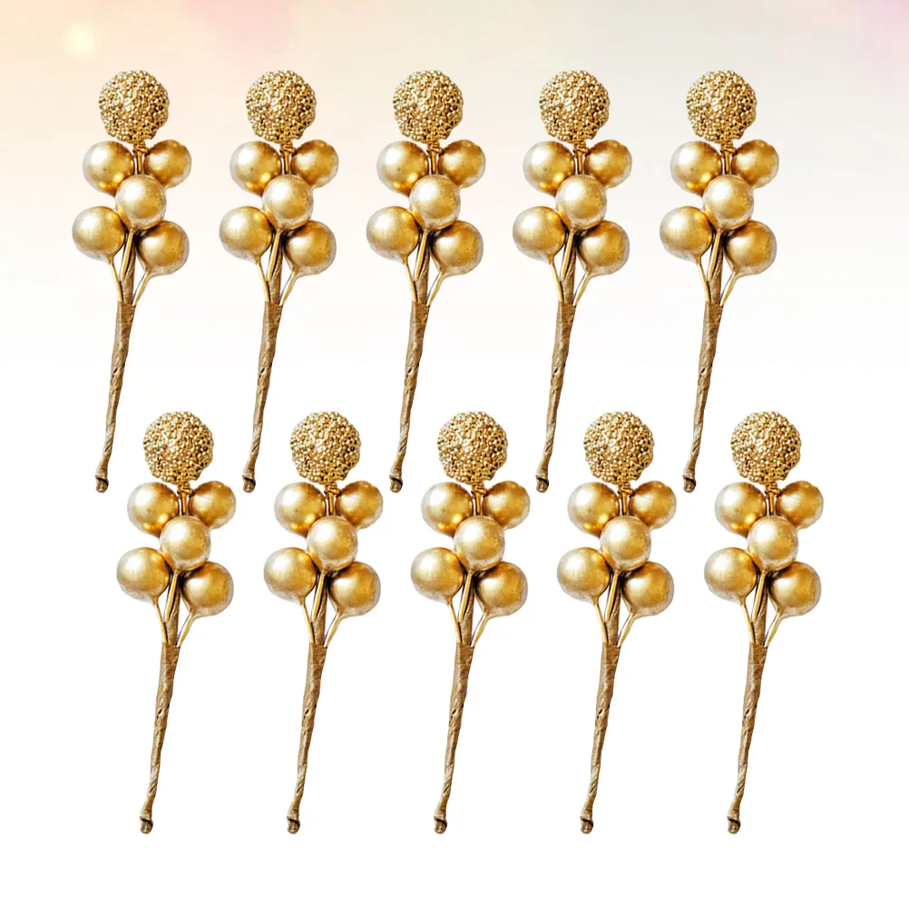 

10pcs Simulation Berries Picks Artificial Red Fruit Christmas Berries Decor For Holiday Party Wedding Home Diy Golden Fake Berry