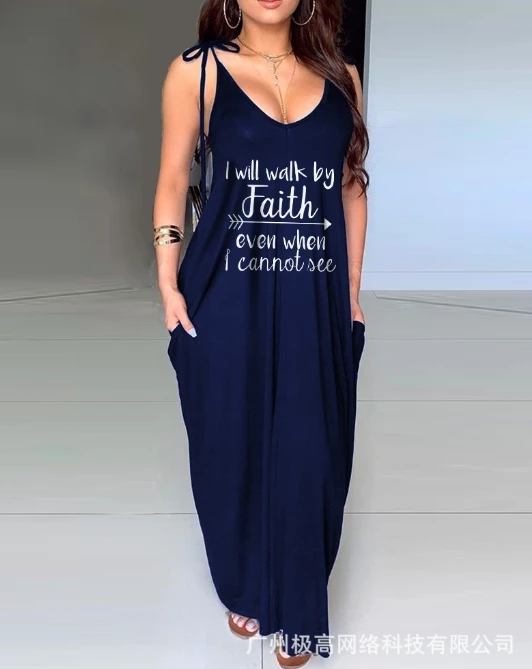 

Elegant and Sexy Dress with V-Neck Strap and Letter 2024 Women's High-Quality Printed Loose Fitting Long Dress