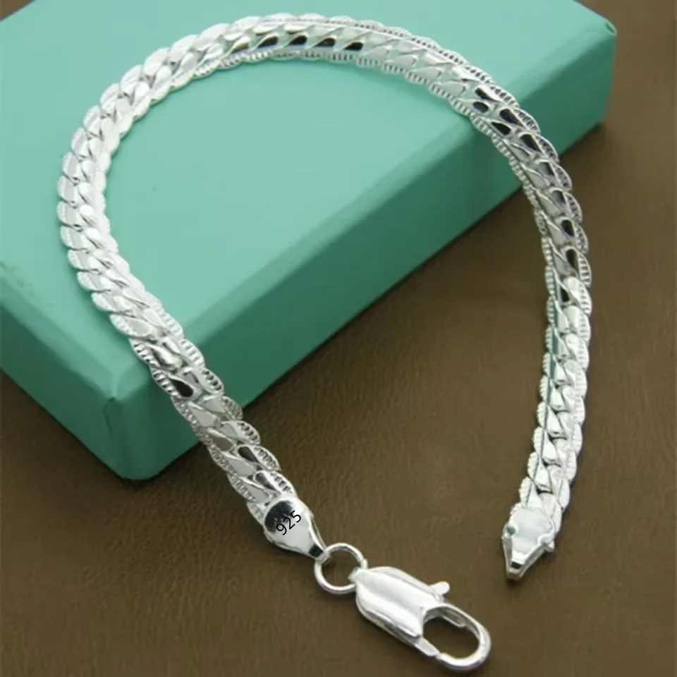 925 Sterling Silver Bracelet 6mm20cm Flat Side Chain Lobster Clasp For Woman Man Wedding Engagement Jewelry