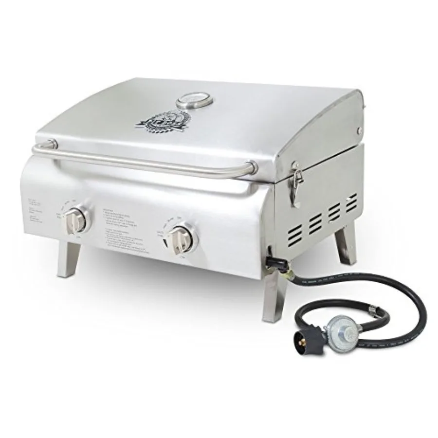 

Portable two-burner grill for outdoor cooking, stainless steel construction, silver finish, rust-resistant and easy to clean