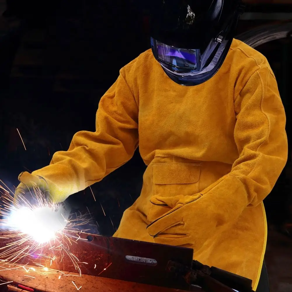Cowhide Leather Welding Clothes Flame Retardant Long Sleeve Welding Work Clothes Heat Resistant High Collar Welding Suit