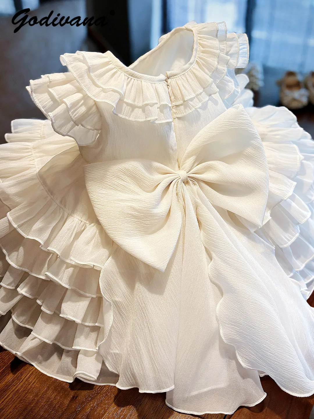 Sweet Baby Girls Elegant Princess Lolita Tutu Dress New 2026 Summer Kids Round Neck Bowknot Feifei Sleeve Ruffle Trim Cake Dress