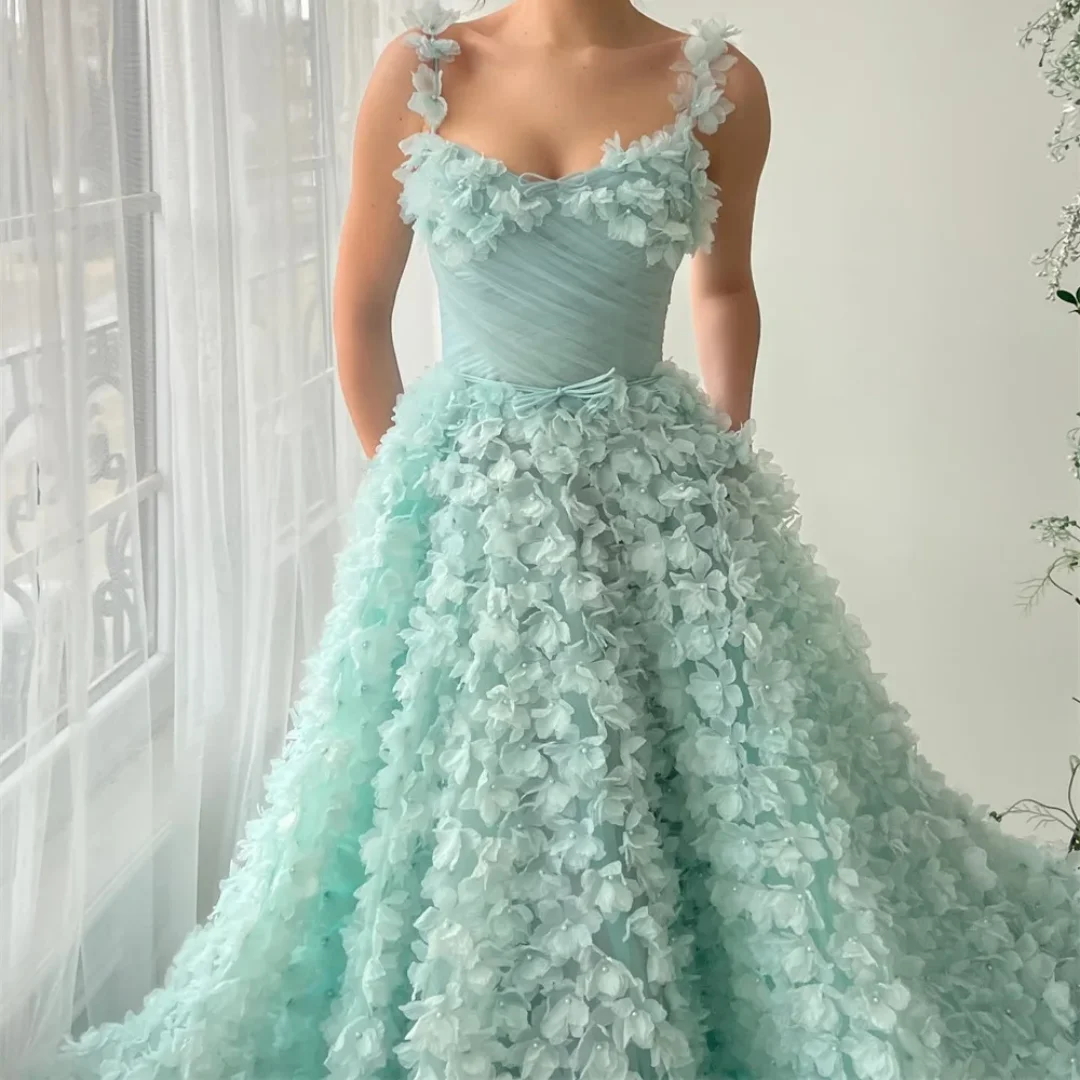 Abiti da ballo con applicazioni di cinturino per spaghetti verde Abiti da noiva senza maniche a-line con fiocco Abito da sera lungo fino al pavimento Personalizzato