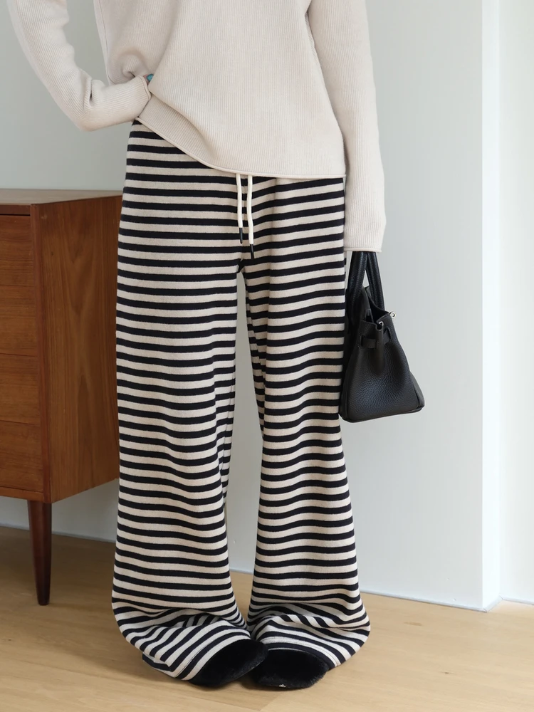 

Женские повседневные свободные вязаные брюки в полоску с высокой талией, широкими штанинами, длиной в пол, стройнящие, комфортные, зимние, новые, из смесового хлопка