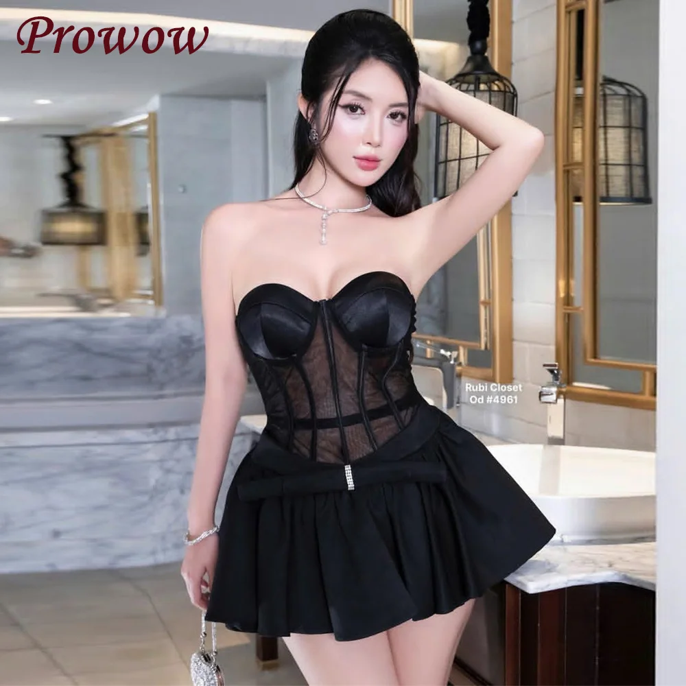 

Prowow Sexy Sweetheart Short Prom Cocatail Dress Puffy A-line Mini Evening Gown Customized Illusion Top Fishbones