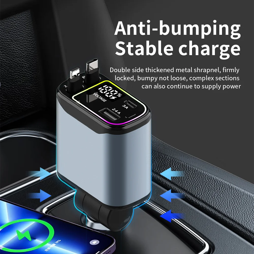 

Retractable Car Charger, 4 in 1 Fast Charging Car Charger 66W, Retractable Cable and 2 USB Ports Car Charger Adapter Compatible