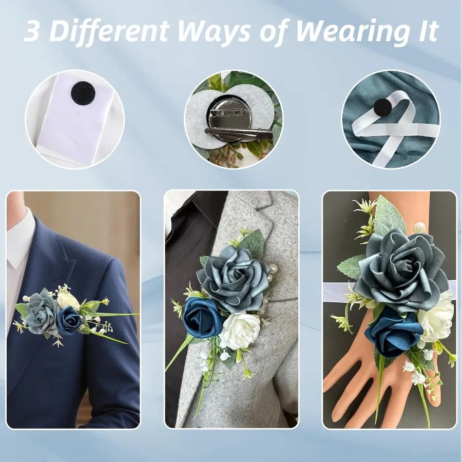 Boutonniere de bolso com flores de rosa azul empoeirado para homens, perfeito para casamento, noivo e padrinhos, ideal para baile de formatura, jantares formais, aniversário