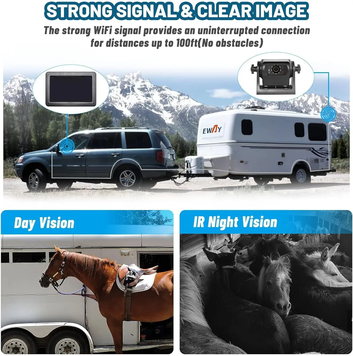 Wireless WiFi Magnetic Hitch Backup Camera 1080P HD Rechargeable Battery Powered No Wiring Rear View Reverse Monitoring Camera