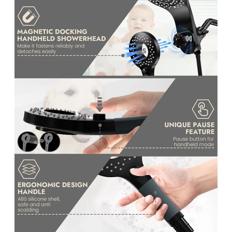 Matte Black High Pressure 2 in 1 Rainfall Shower Head 9 Spray Modes Anti-leak Shower Heads With Handheld Spray Combo