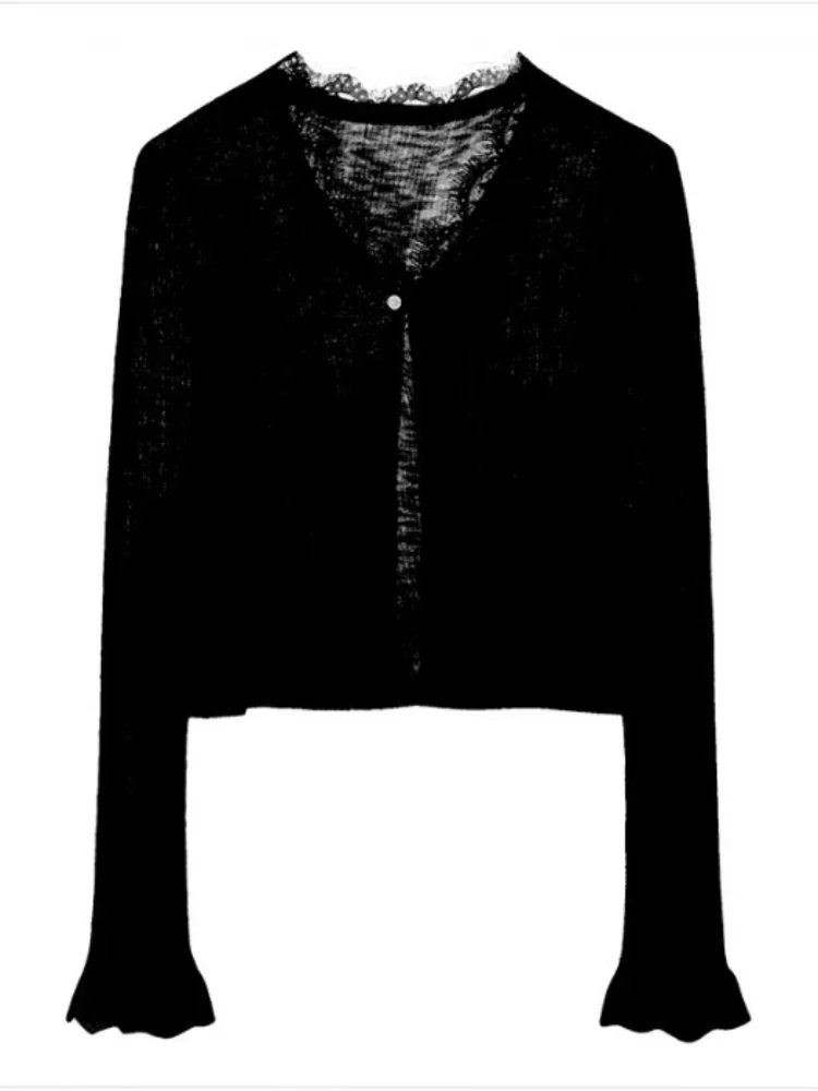 夏用薄手カジュアル無地レディース日焼け止めカーディガン韓国風長袖カーディガンレース付きワンボタンクロップトップ女性用ニットセーター