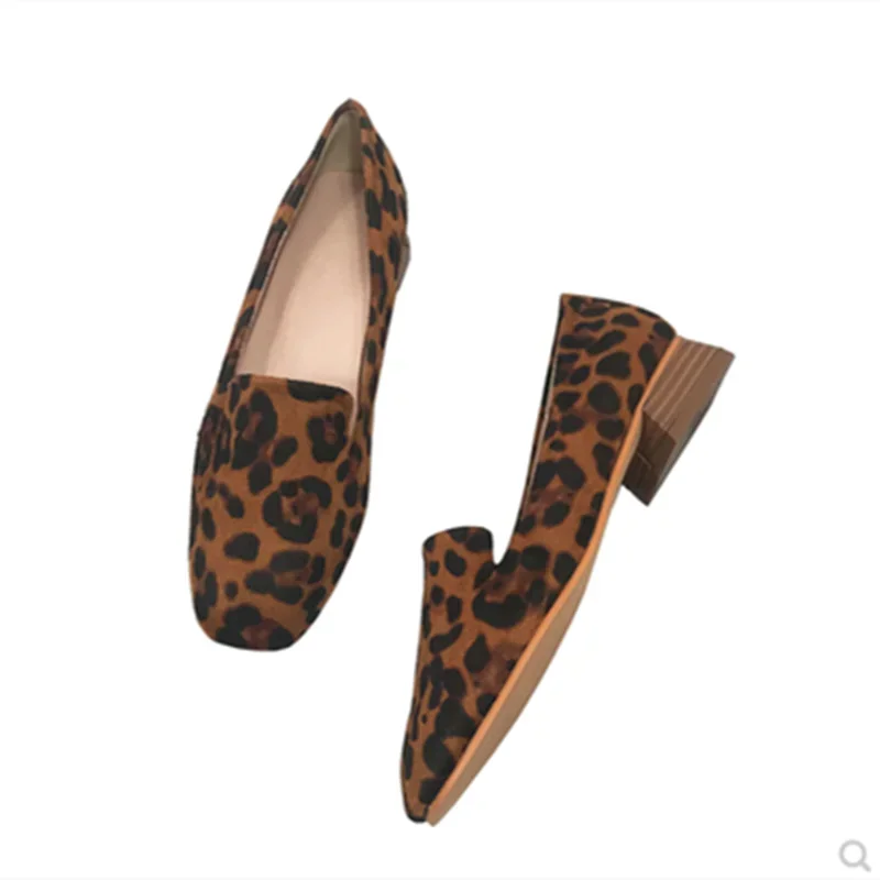 Lady Wood Heels 3cm Leopard Printy Brown White Pumps Low Cutter Flock Shoes 2022 New In Cork Square Toe Wide Fitting Slip-Ons 44