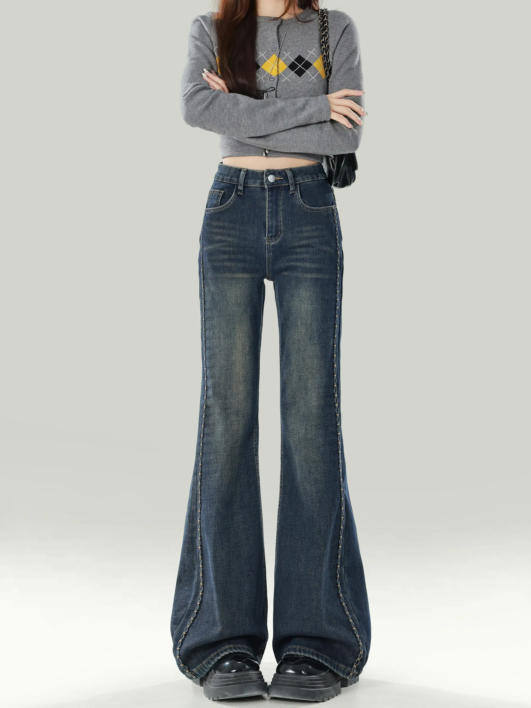 Retro Blue Elastic Micro Flared Jeans Women's New Large Size Loose High Waist Slimming Elastic Flared Pants Casual Style