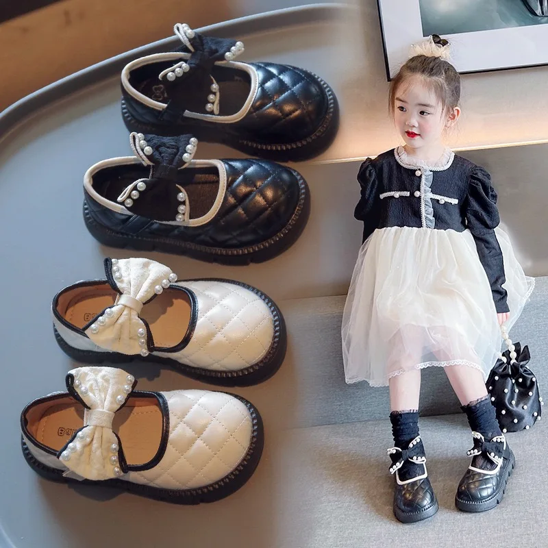 

Congme Girl Leather Shoes Toddler Kids Korean Style White Black Pearl Bow Flat Shoes Princess Shoes Dress Doll Shoes