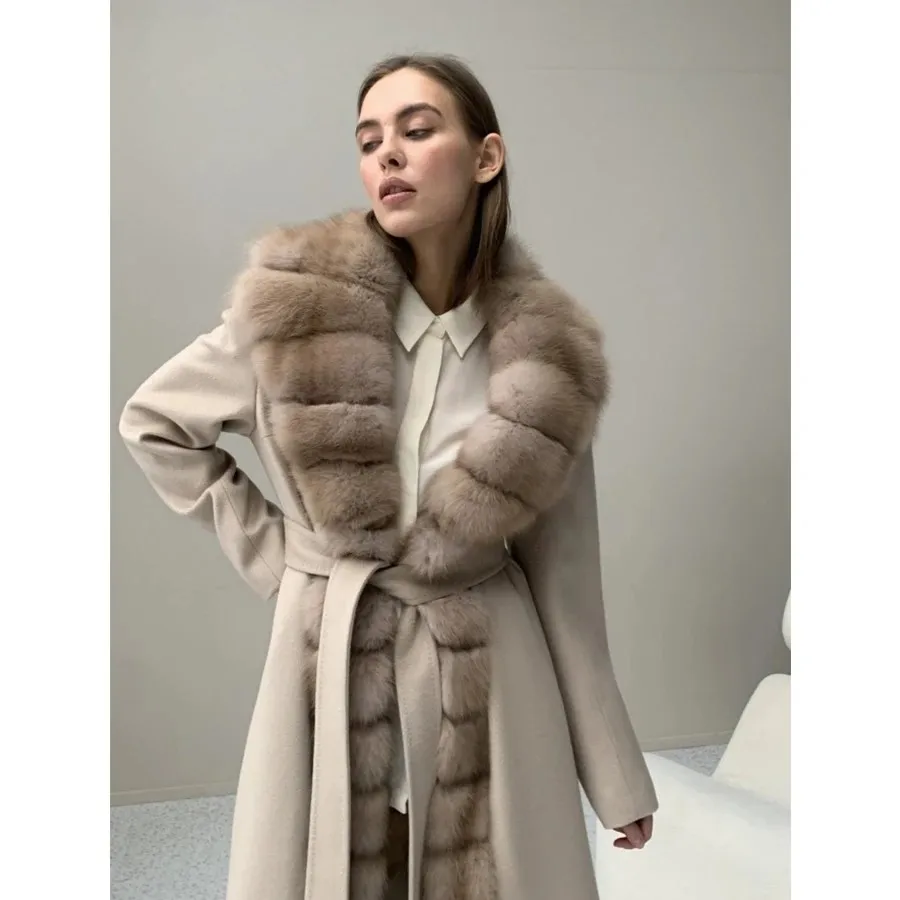 New Cashmere Coat Women Wool Long Real Fox Collar Coat Fashion Winter Warm Wool Blends Coats New Style Best Selling