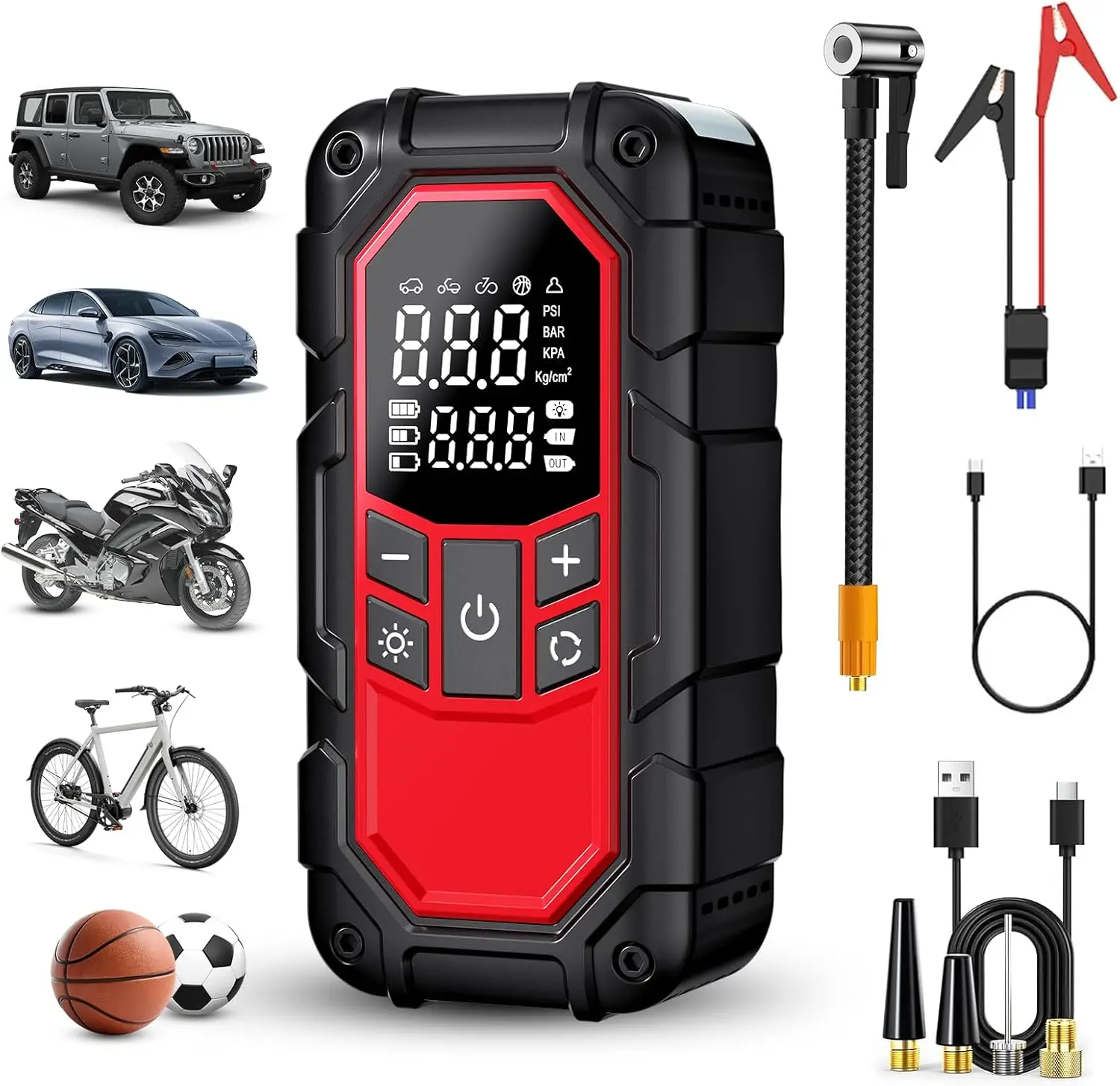 

Portable Car Jump Starter with 150PSI Air Compressor, LCD Display, Lights for Gasoline/Diesel Engines