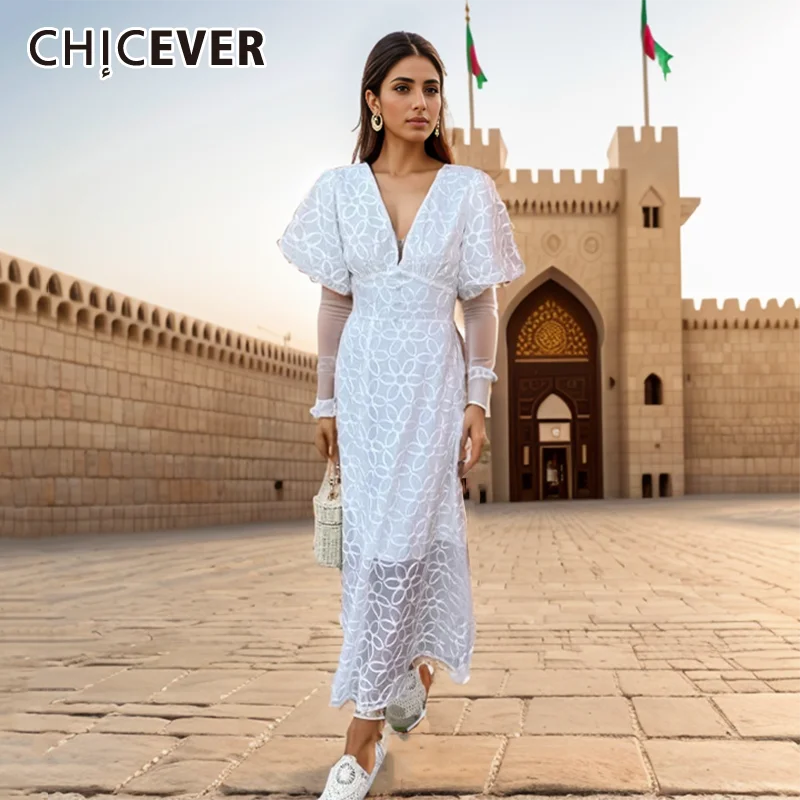 

CHICEVER Embroidery Solid Dresses For Women Deep Neck Puff Sleeve High Waist Spliced Zipper Bohemian Casual Dress Female Autumn