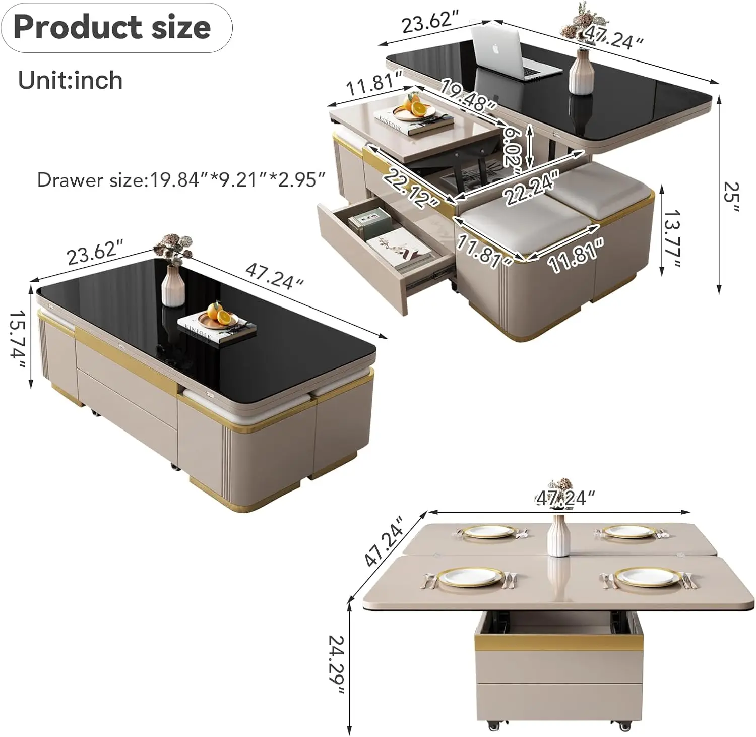 Unique Pull Out Lift Top Coffee Table, Hidden Compartment and Tempered Glass Surface for Living Room, Height Adjustable Tea