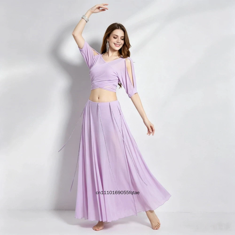 

Professional Women Belly Dance Costume 2 Pieces Set, Sequined Dance Top And High Waist Skirt Outfit, Soft Breathable Dance Wear