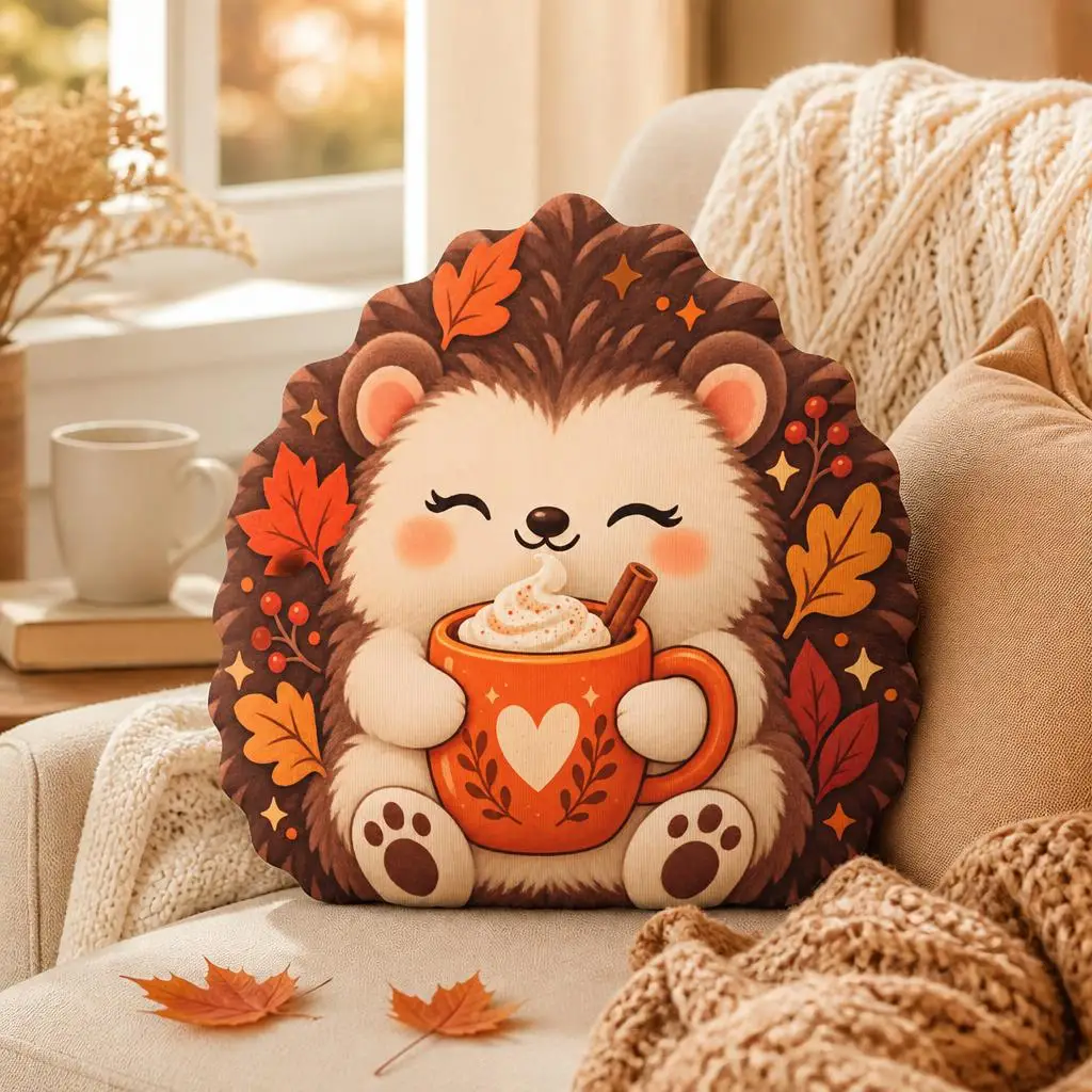 hedgehog fall autumn hot cocoa drink Shaped Pillow Cushion Irregular Stuffed Throw Pillow for Sofa Home Decoration Gift