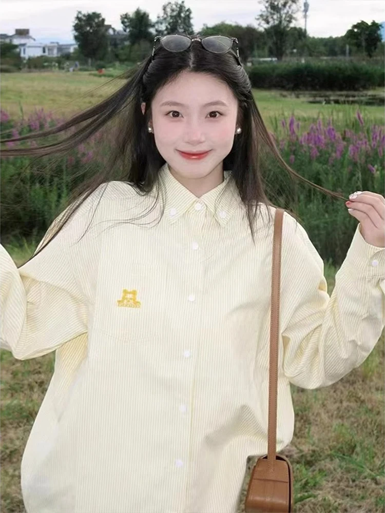 

Женская полосатая рубашка-жакет свободного кроя с длинным рукавом, желтая, весна-осень, новая модель, с вышивкой в виде собаки, повседневная, для поездок на работу