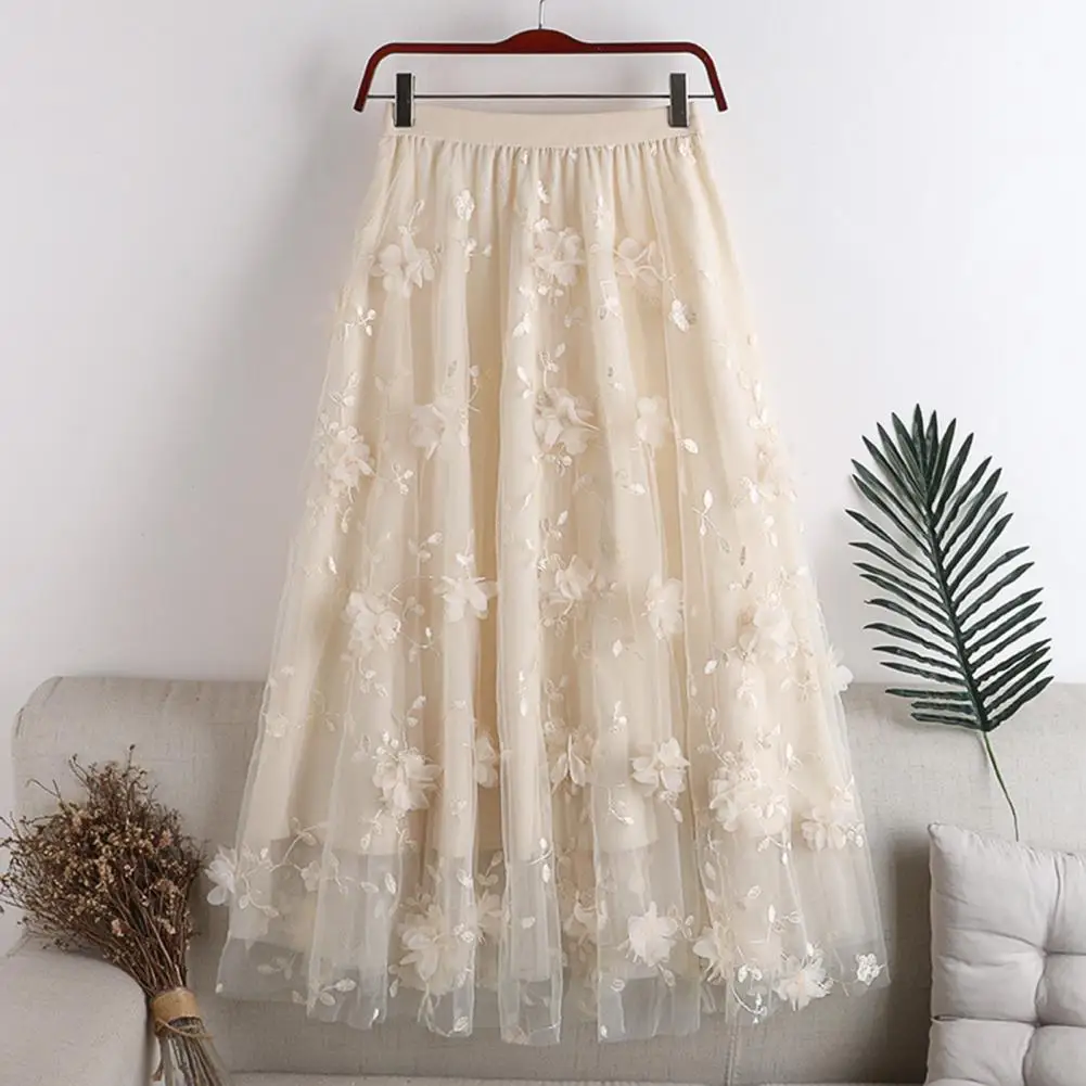 Embroidered Design Skirt Floral Embroidery Mesh Midi Skirt with Elastic High Waist Double Layered Tulle Women's A-line Skirt