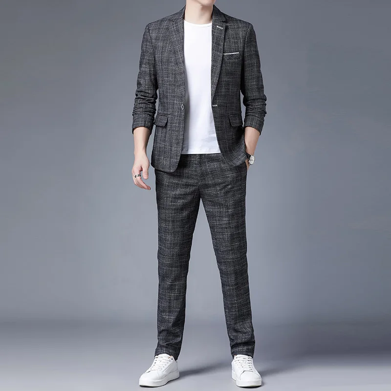 small Men's suit slim spring Korean version trend plaid coat casual joker two-piece suit