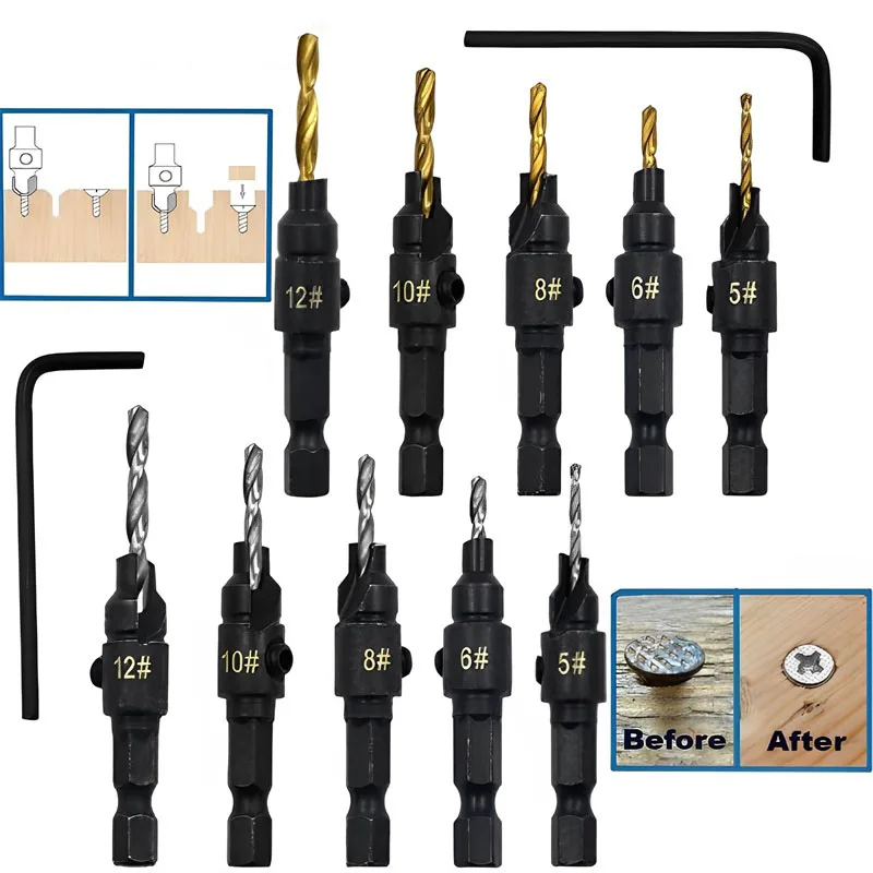 5/6pcs Countersink Drill Woodworking Drill Bit Set Drilling Pilot Holes for Screw Sizes #5 #6 #8 #10 #12 Cutter Screw Hole Drill