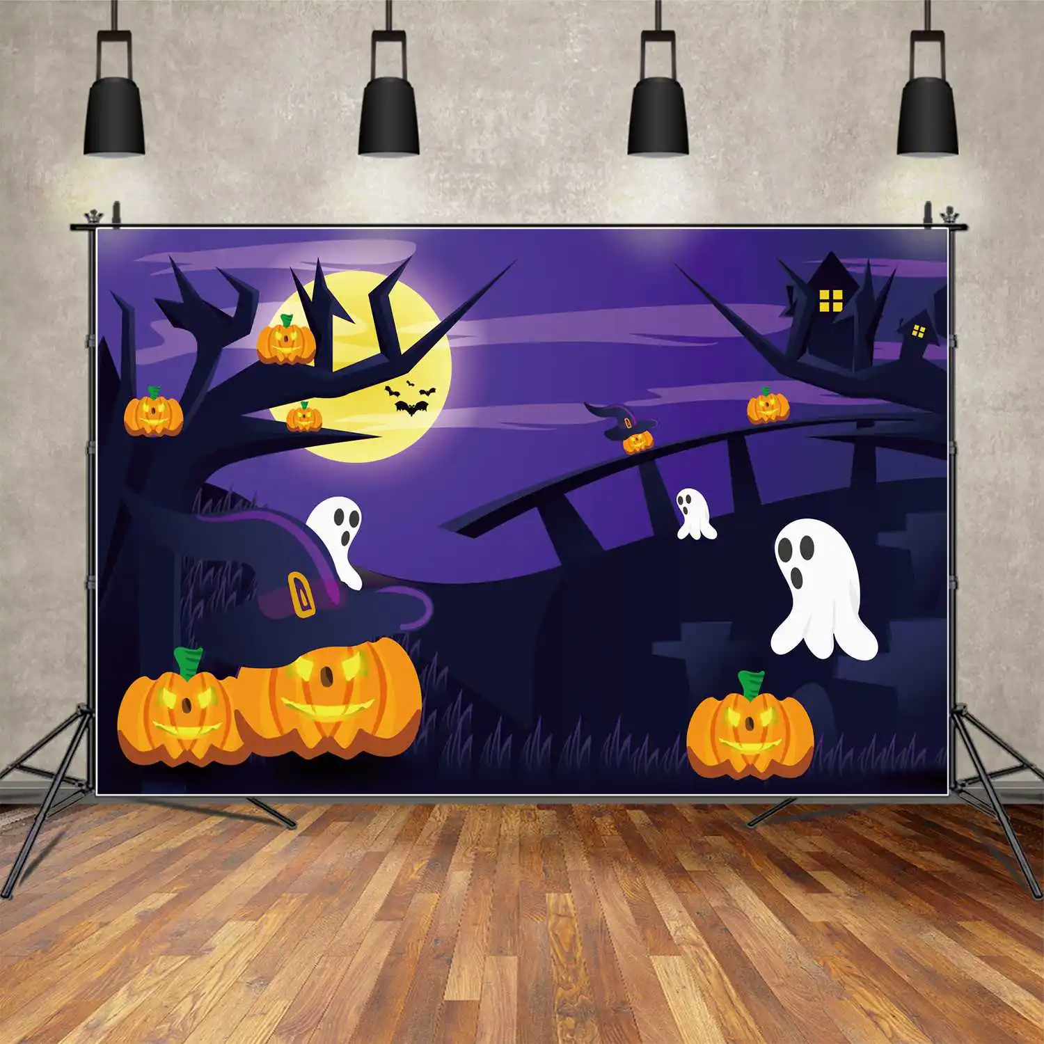 MOON.QG Backdrop Bluey Forest Halloween Tree House Pumpkin Lamp Photo Booth Background Party Props Ghost Tombstone Bridge Decor