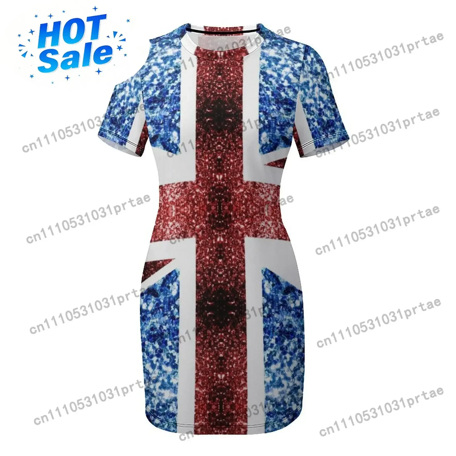 United Kingdom UK flag blue red faux sparkles British Union Jack (Photo of Glitter - Not Reflective) Short Sleeved Dress view 4