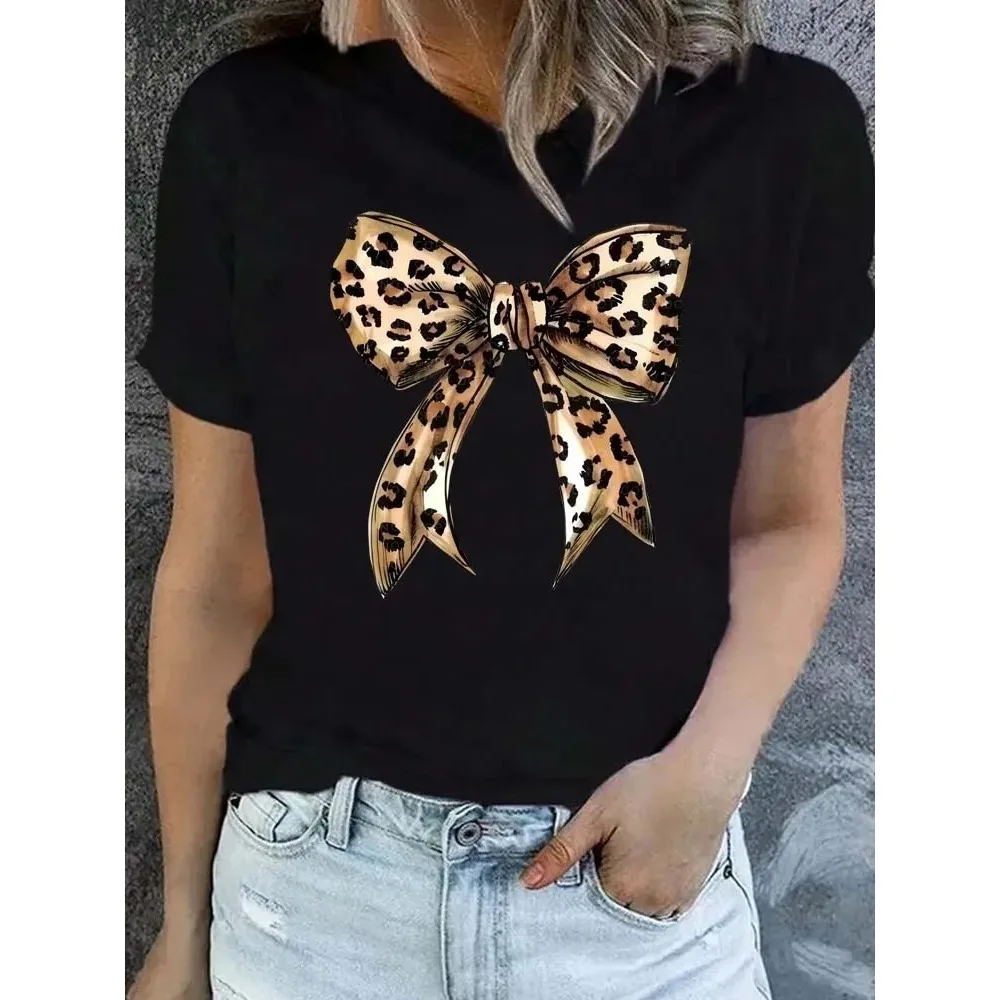 Sommer Neu 90er-Jahre Leopardenmuster Schleife Kurzarm Print Kleidung Damen T-Shirt Harajuku Grafik Kleidung Damen Casual Top Tee – Detail 4