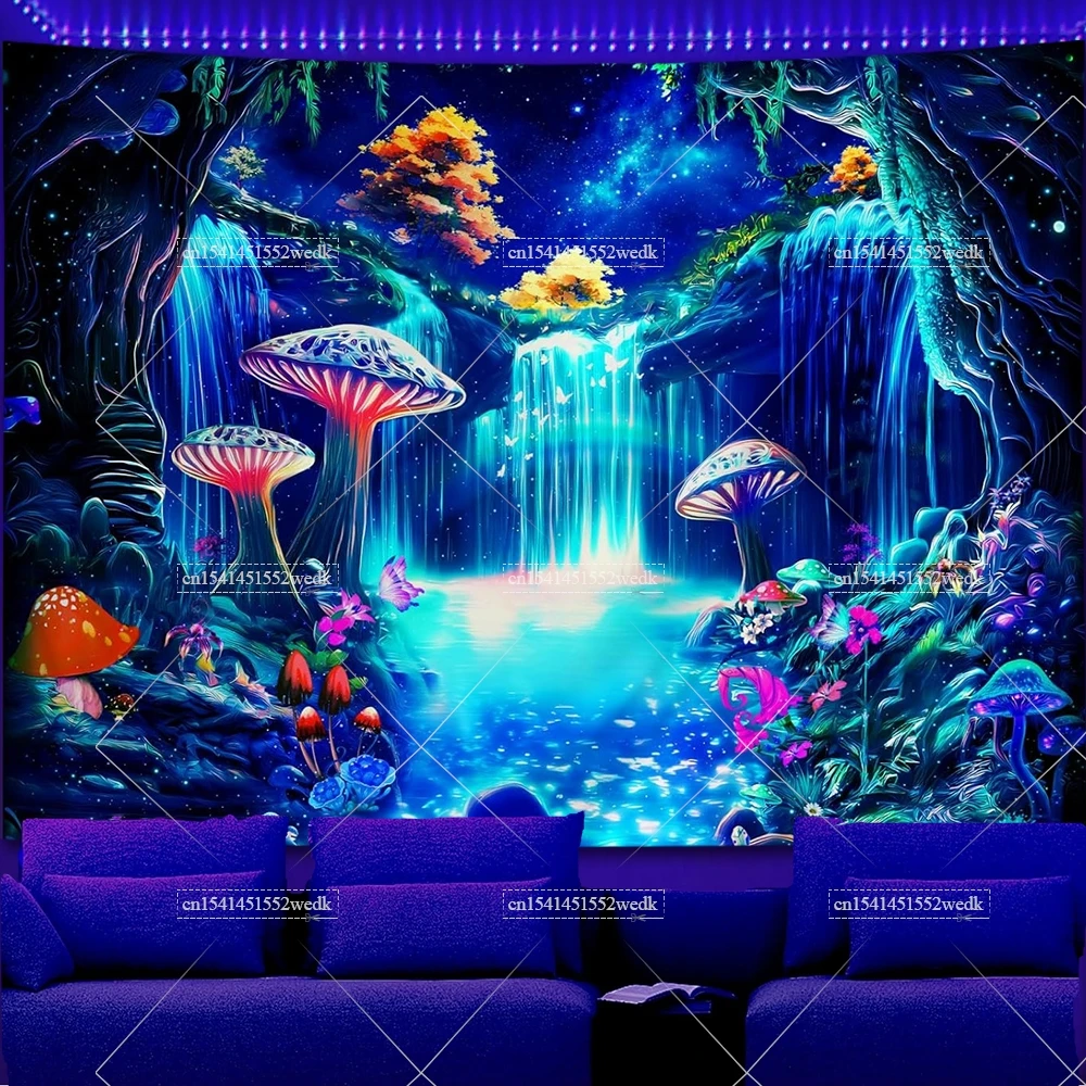 Blacklight Tapestry Forest Mushroom Glow In The Dark UV Reactive Waterfall Neon Tapestrys Aesthetic Fluorescent Tapestries