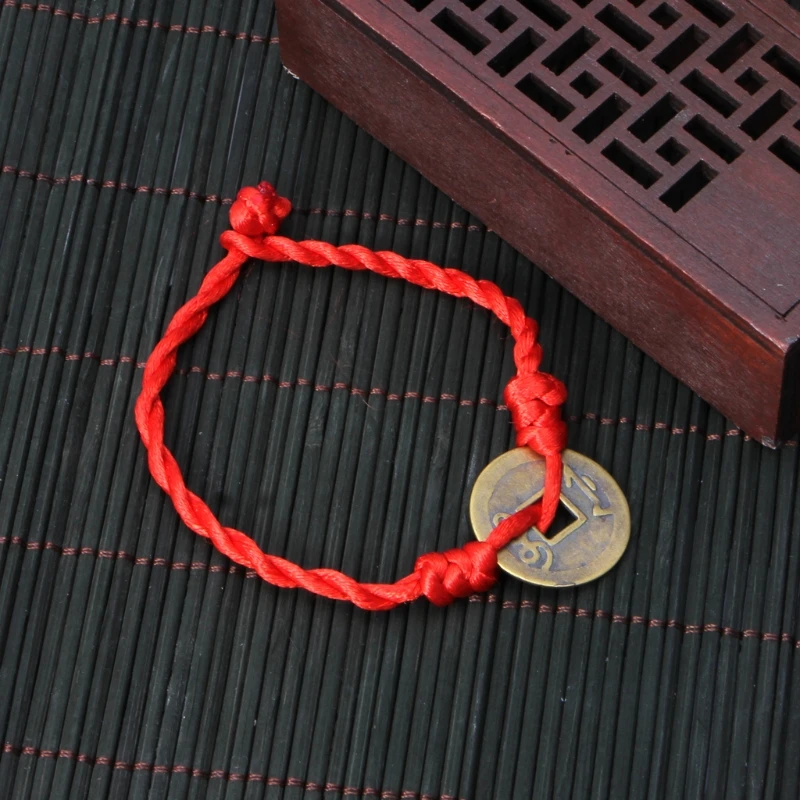 652F Personalized Red Strings Braided Bracelet Wealth Chinese Feng Shui Copper Coins Pendant Bracelets Jewelry Decor for Luck