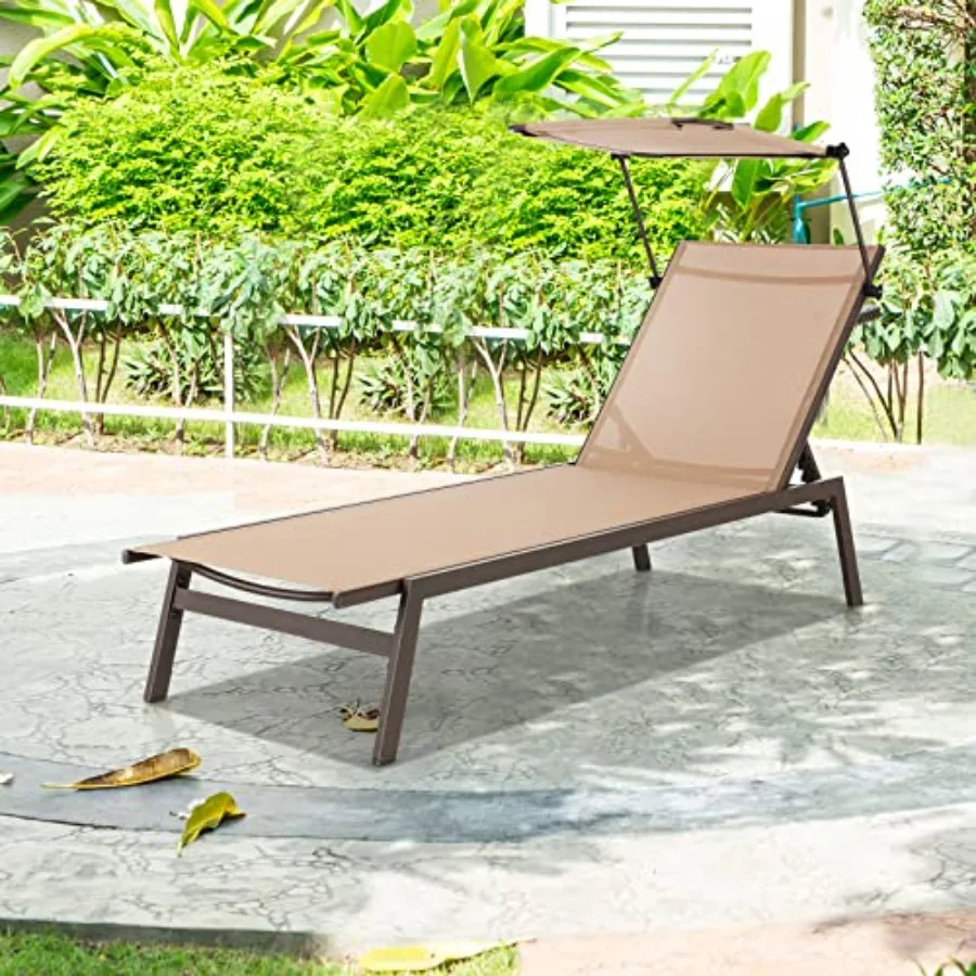 Outdoor Chaise Lounge for Beach Balcony Poolside, Aluminum Frame with Gray Fabric, 6-Position Recliner with Adjustable Sun Shad