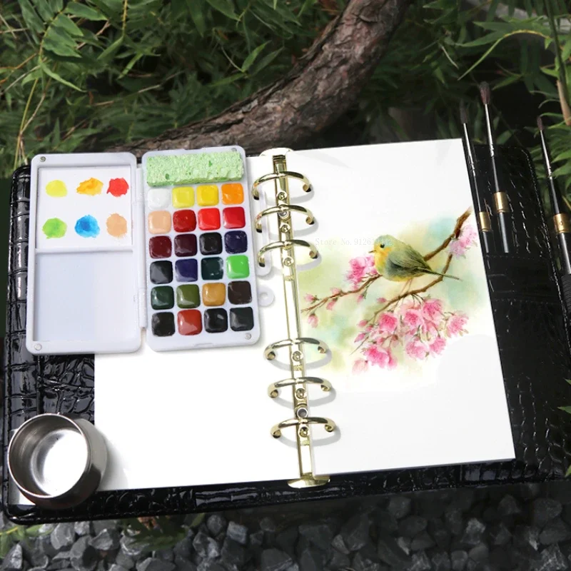 24 Color Watercolor Pigments A5 Loose-leaf Painting Book Art Students Outdoor Sketching Portable Painting Supplies Accessories