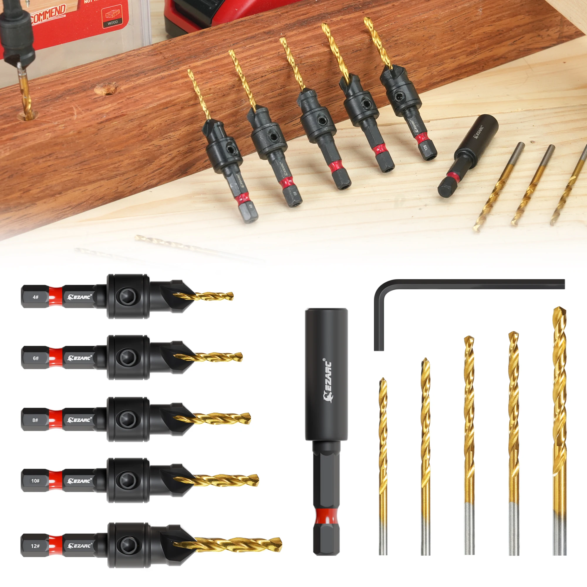 12PCS Countersink Drill Bit Set, Counter Sink Drill Bit Adjustable #4, #6, #8, #10, #12, Magnetic Extension Bit Holder for Woodworking with Storage Box