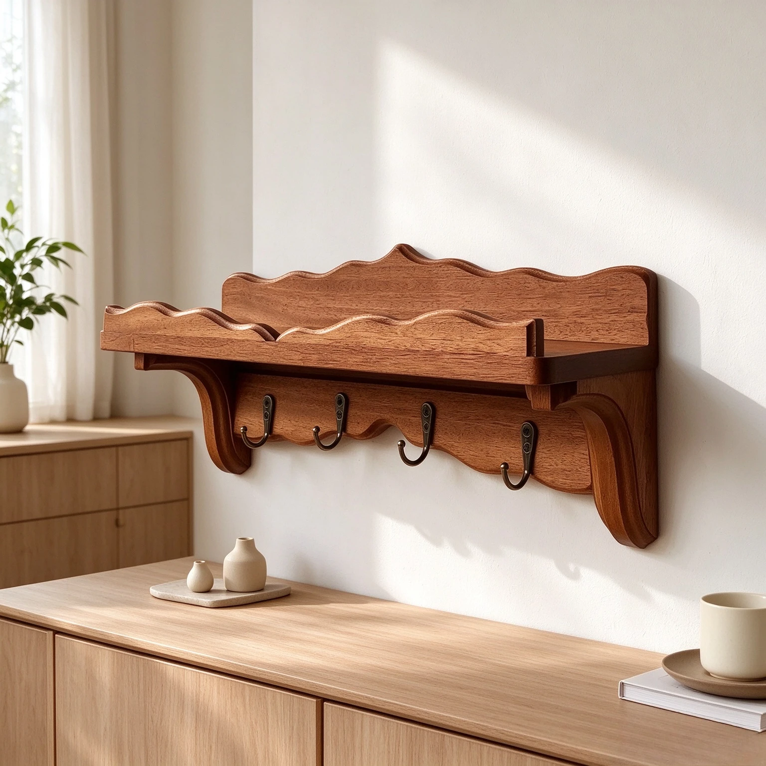 Solid Wood Wall Mounted Coat Rack with Hooks, Vintage Floating Storage Shelf for Entryway, Living Room and Hallway Organization