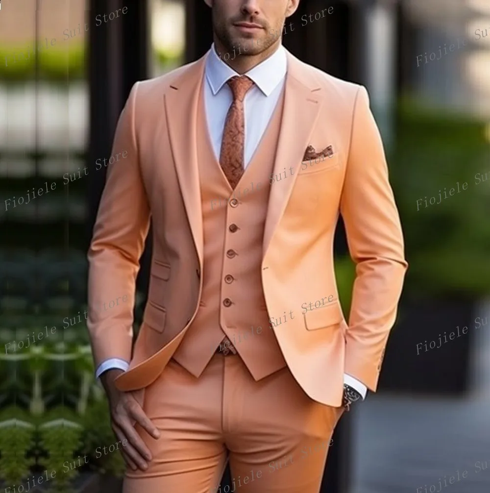 Nieuwe Lichtoranje Mannen Pak Business Prom Party Bruidegom Groomsman Bruiloft Formele Gelegenheid Smoking 3-delige Set Jas Vest Broek