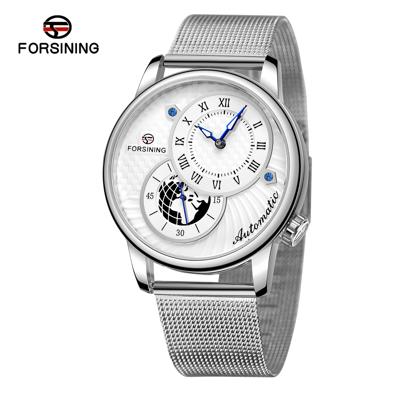 Forsining Mens Automatic Mechanical Watches Two Dial Display 30M Waterproof Earth Image Design Silvery Mesh Strap Relogio Clocks