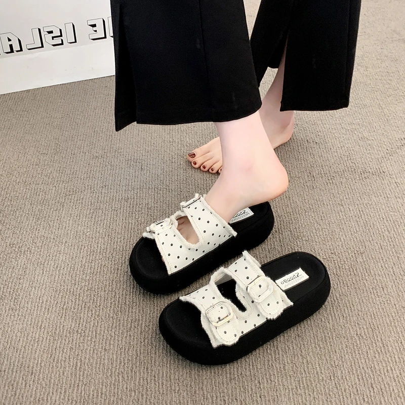 

Summer Thick Heel Polka Dot Women's Sandals Slip-On Beautiful Fairy Style for Dress Rubber Anti-Slip Flat Sandals