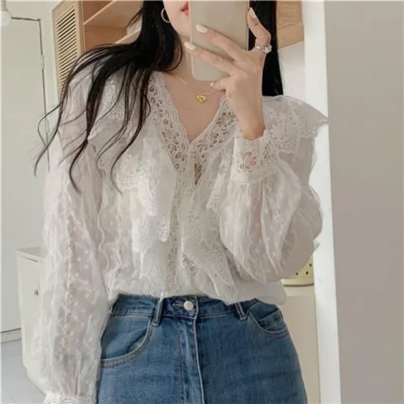 Versatile Sweet Long Sleeve Chiffon Blouse Top For Women 2024 Autumn Pure Desire Warm Soft V-Neck Lace Shirt