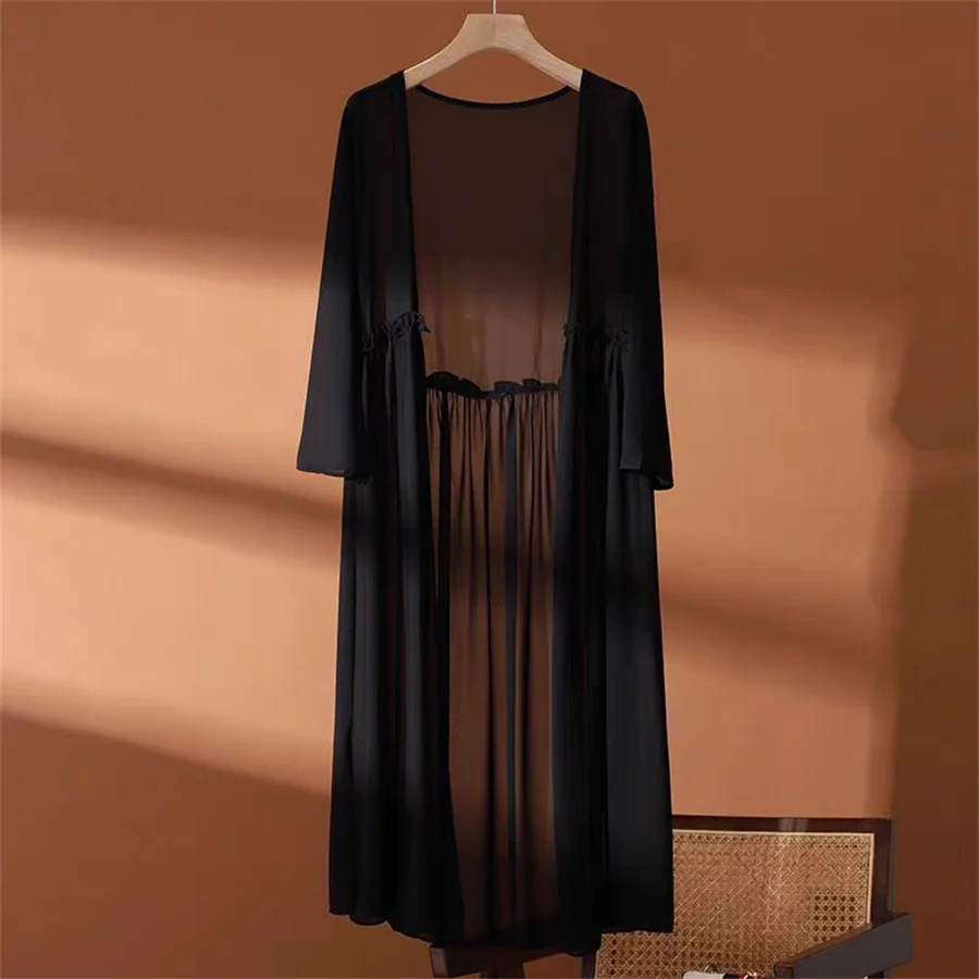 Cardigã Longo Feminino de Chiffon Estilo Coreano para Primavera e Verão, Proteção Solar, Casaco Feminino, Jaqueta, Xale