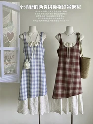 Summer Korean Vintage Plaid Midi Dress Women 2000s Aesthetic Spaghetti Strap Mori Girl One-Piece Patchwork Frocks Cottage Core