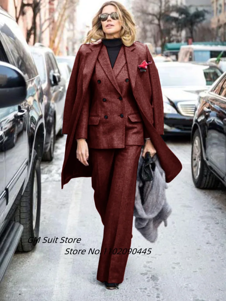 Women\'s Suits 3 Pieces Double- Breasted  Wool Blend Office Lady Business Blazer Jacket Pants Outfits Uniform