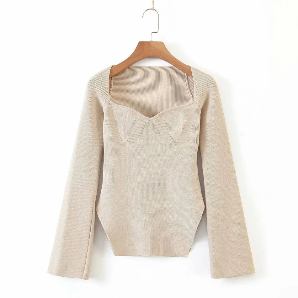 Meqeiss 2020 new spring and summer fashion women clothes cashmere sqaure collar full sleeves elastic high waist sexy pullover