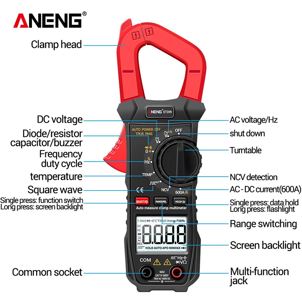 ANENG ST209 Digital Multimeter Clamp Meter 6000 Counts True RMS Amp DC/AC Current Clamp Tester Meters Voltmeter Auto Ranging