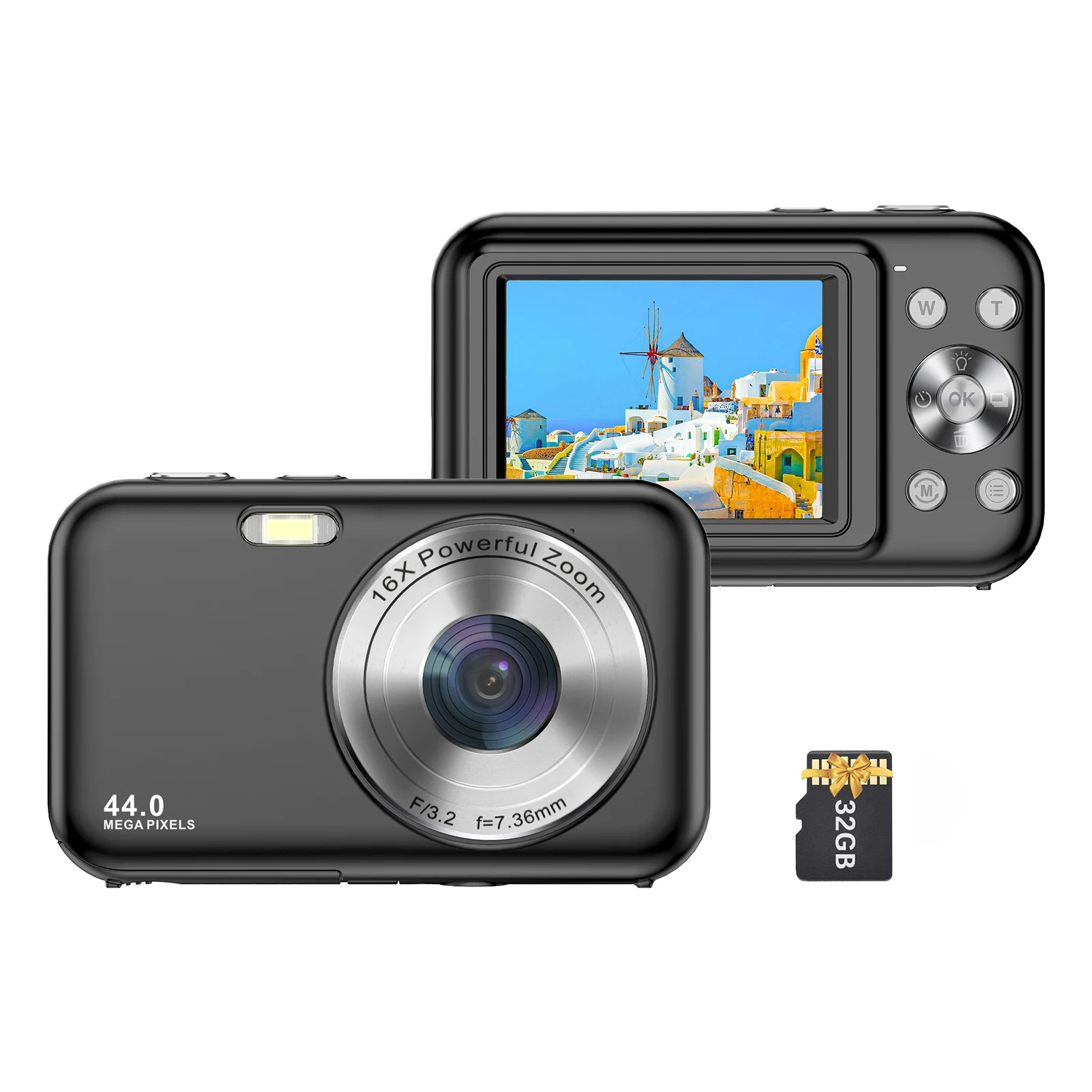 Portable Digital Camera 1080P 44MP 16X Digital Zoom Auto Focus Self-Timer Anti-shaking Built-in Battery with 32GB Memory Card 