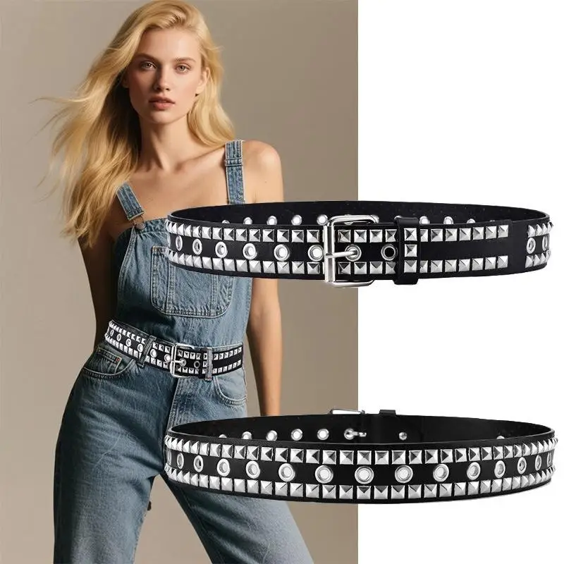 Cinturón de cuero sintético con remaches cuadrados de estilo punk, ideal para vaqueros y pantalones de estilo hip-hop, para mujer y hombre, con un toque rockero, perfecto como accesorio para el día a día y para vestir en la calle.