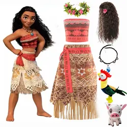 Disney Moana Dresses Girls Kids Clothes Cosplay Vaiana Princess Dress Necklace Wig Children Carnival Party Summer Costume Set